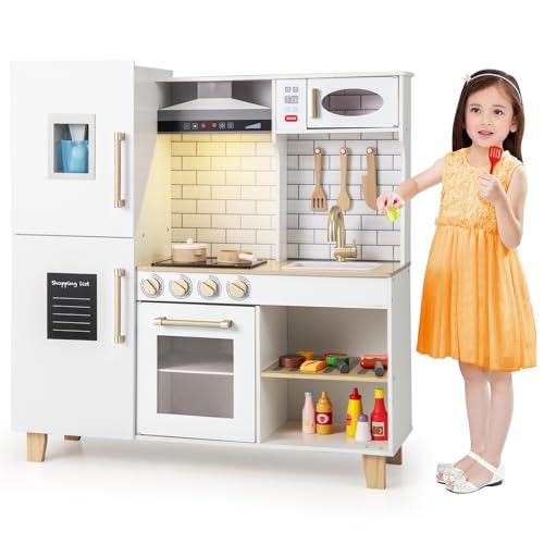 COSTWAY Cocina de Juguete para Niños, Cocinita Infantil de Madera con Máquina de Hielo, Campana Extractora, Pizarra, Parrilla y Accesorios, Cocina Madera Infantil con Luces y Sonidos (Blanco)