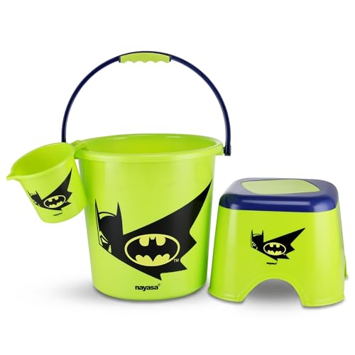 Image of Nayasa Kids Batman Print Bathroom Set of 3 | 18 LTR Bucket, 1 LTR Mug and Stool Combo for Children | Sturdy and Durable | Lightweight and Rigid | Easy to Clean and Attractive Design | Green