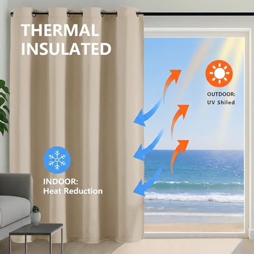 Image of Simplebrand Biscotti Beige Extra Long 10ft Curtains for Patio 120 Inches Long 2 Panels, Room Darkening Light Blocking Solid Thermal Insulated Energy Saving Grommet Noise Reducing Curtains, 50 Wx120 L