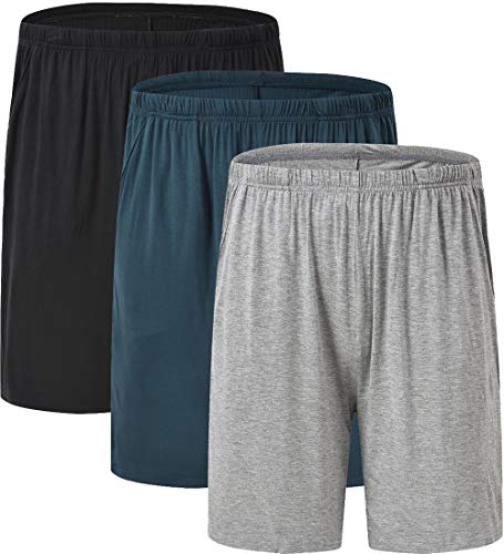 JINSHI Mens Pajama Bottoms Stretch Boxer Sleeping Shorts Lounge Wear Soft Modal Shorts with Pockets, 3 Pack, Black/Light Gray/Lake Blue, Size L