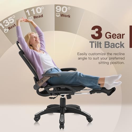 Image of GABRYLLY Ergonomic Office Chair with Footrest, High Back Mesh Computer Chair with Flip-Up Arm, 3D Headrest, 135 Reclining, Rolling Gaming Task Chair with Wide Seat Lumbar Support,300LBS