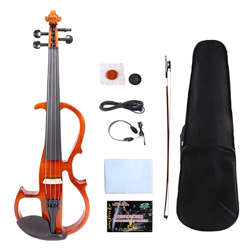 WUQIMUSC Electric Violin 4/4 size Silent Violin kit Solid Wood Ebony Violin Parts with Case, Bow,Cable,Headphone (4str-yellow)