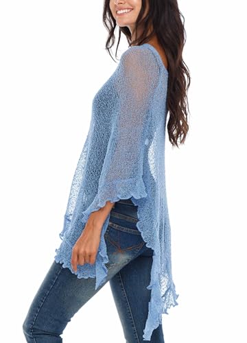 Image of SHU-SHI Women's Sheer Knit Poncho Shrug Lightweight Asymmetrical Ruffle Wrap Dressy Summer Shawl Cover Up Top