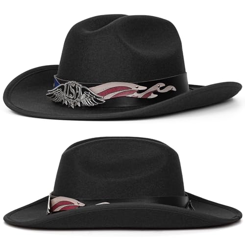 Image of Cowboy Hats for Women & Men Felt Cowgirl Hat with Belt Buckle Wide Brim Western Hat