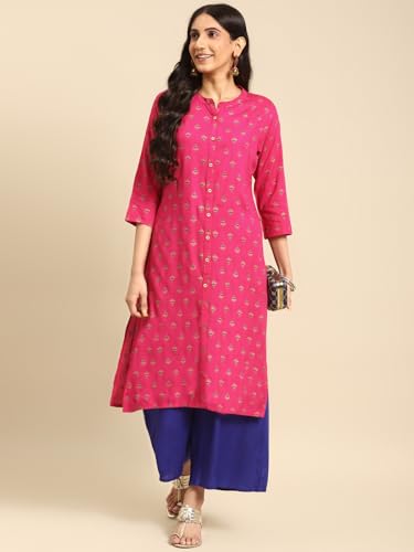 Image of rangita Pink Rayon Calf Length Printed A-line Kurti for Women | Kurta for Women
