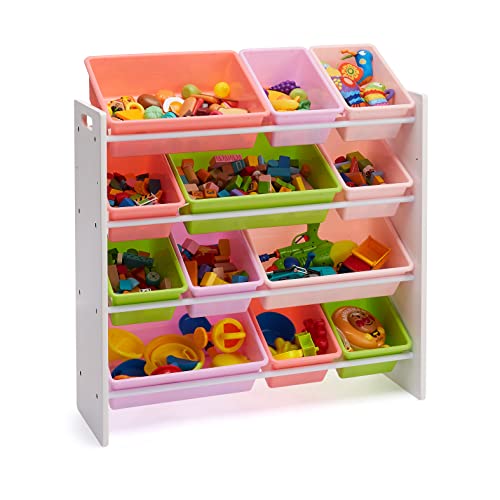 Amazon Basics Kids Toy Storage Organizer With 12 Plastic Bins, White Wood With Pink Bins, 10.9