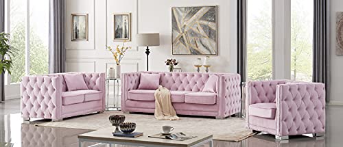 Iconic Home Christophe Sofa Velvet Upholstered Button Tufted Nailhead Trim Shelter Arm Design Silver Tone Metal Block Legs Modern Transitional, Pink #TOP5