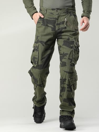 Men's Camo Cargo Tactical Ripstop Casual Lightweight Baggy Combat 100% Cotton Pants with 8 Pockets(No Belt) 443