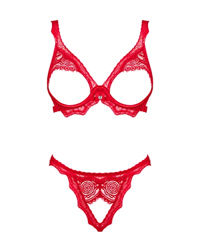Selente Love & Fun Ensemble Lingerie Femme à 3 pièces: Soutien-Gorge, String et Bandeau pour Les Yeux en Satin, Rouge Ouvert 3 p., XS-S