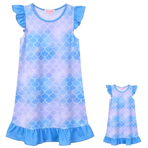 QPANCY Matching Doll & Girls Nightgowns Princess Nightdress Flutter Sleeve Sleepwear Pajamas for Girls and 18
