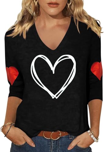 Image of Womens 3 /4 Sleeve V Neck Valentine T Shirts Love Heart Printed Graphic Tee Tops