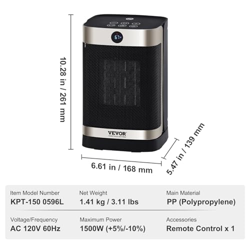 Image of VEVOR Electric Space Heater with Thermostat Fast Quiet Ceramic Heater, Remote Control, 12h Timer, 10in Tip-Over Overheat Protection Small Heaters for Office Room Desk Indoor Use