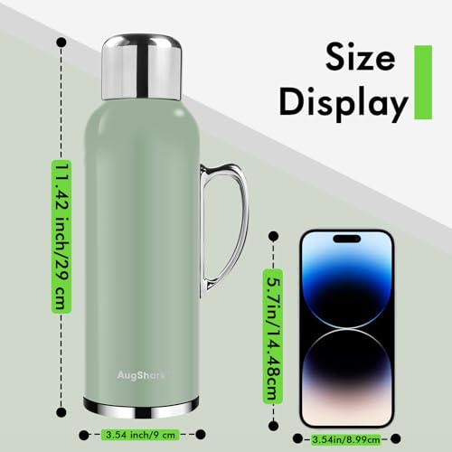Image of 34 oz Insulated Water Bottle, Green Vacuum Stainless Steel Water Flask Jug with Handle & Metal Mechanical Temperature Measuring Cup Lid, Leakproof Travel Bottle Keep Cold 36h Hot 24h