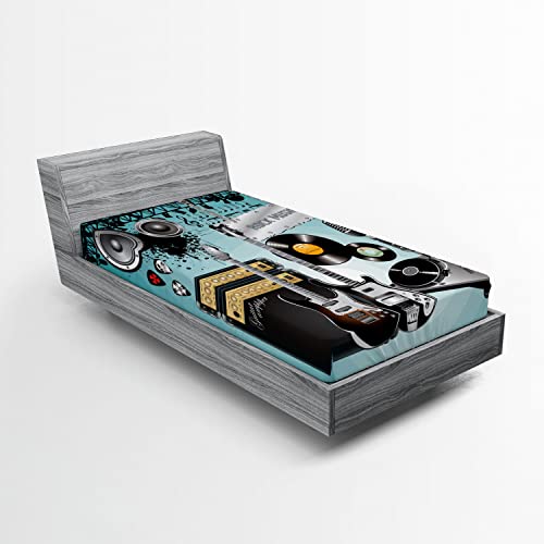 Ambesonne Rock Music 2 Pack Fitted Sheet, Records Speakers, Bed Cover All-Round Elastic Deep Pockets 2 Pieces, Package Contains 2 Twin Size Fitted Sheets, Grey