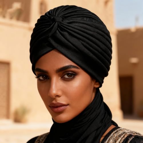 GoodTool Pre-Tied Stretchy Turban Headscarf for Women – Soft Knitted Head Wrap Cap for Everyday, Fashion | Comfortable Pull-On Head Cover (Black)