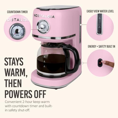 Image of Nostalgia Classic Retro 10 Cup Coffee Maker - One-Touch Drip Brew, Reusable Filter - Anti-Drip, Auto Shutoff, & Time Display - Dishwasher Safe 50 oz Carafe - Pink