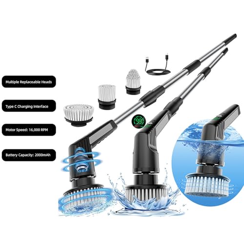 ZJchao Brosse de Douche électrique 9 en 1 avec Manche de 127 Cm de Long et Batterie de 2000 MAh, pour Carrelage, Douche, Cuisine, Voiture, Zones Difficiles à Nettoyer (JY6016 Noir (9 têtes)) – vue 3