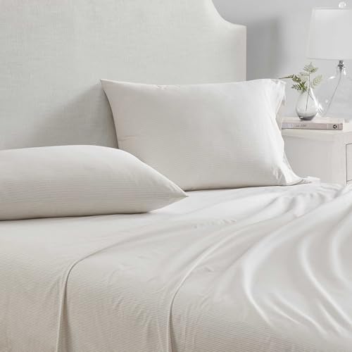 Image of Martha Stewart - Queen Size Sheets Set, Crisp & Tailored Cooling Sheets w /a Naturally Smooth Cotton Percale Lightweight Feel - Bed Sheets with Matching Pillowcases & Fitted Sheet (Stripe White)
