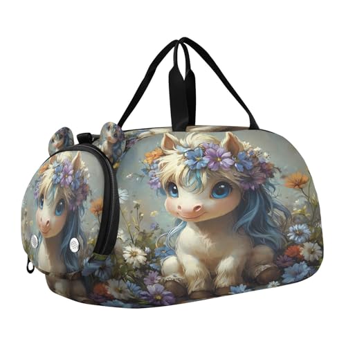 Gym Travel Duffle Bag for Boys Girls Horse Sports Dance Bag with Shoe Compartment & Wet Pocket Football Kids Travel Bag Teens Sleepover Carry