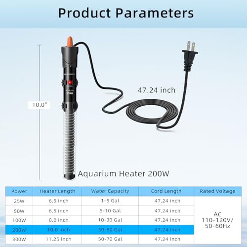 Chauffage d'aquarium 200W HiTauing submersible réglable pour eau douce