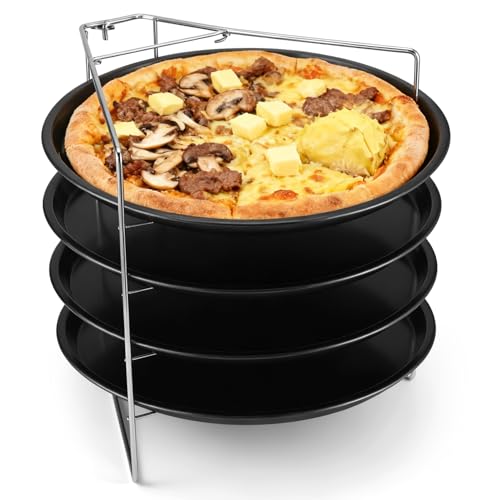 Nagoyuki Pizzablech 4er Set, ø 32 cm Pizzabäcker-Set mit 4 Backblechen und Ständer rundes Pizzabackblech mit Antihaftbeschichtung als Pizza-Backblech und Flammkuchen Blech