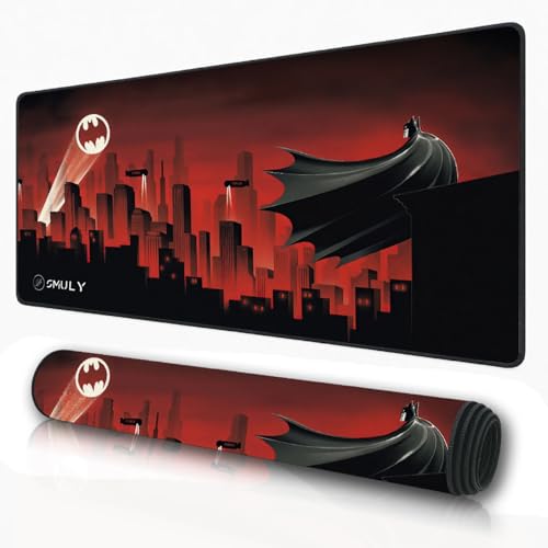 Image of Dark Vigilante Cityscape Desk Mat 58.5x28 cm Gaming Mouse Pad | Red Skyline Hero Design | Waterproof Surface, Anti-Slip Rubber Base, 2mm Thick Extended Mousepad for Laptop, Keyboard & Office Use