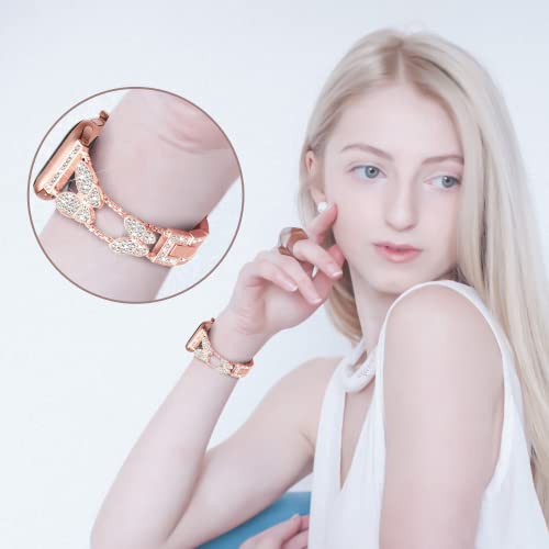 Image of Butterfly Band for Apple Watch Bands 44mm 45mm 46mm Rose Gold | Series 11 10 9 8 7 6 5 4 3 iWatch SE Ultra Band for Women, Slim Thin Metal Fancy Bling Cute Dressy Strap for Apple Watch Band