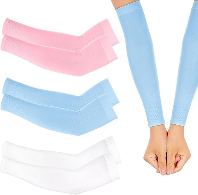 3 Pairs Kids Arm Sleeves, UV Sun Protection Cooling Arm Covers, Elastic Compression Ice Silk Sleeves for Boys & Girls Outdoor Sports (Ages 7-12, White Pink Blue)