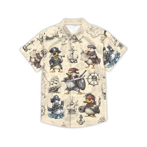 Image of THE PIRATE KING Funny Pirate Hawaiian Shirt Boys Girls Beach Tropical Casual Short Sleeve Button Down Shirt for 5-14 Years