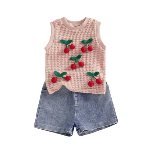 Image of YINGISFITM Toddler Girl Clothes Baby Summer Waffle Knit Tank Top Sleeveless Shirt Jeans Shorts Floral Outfit Girls Clothing
