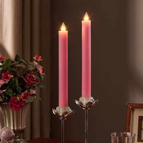 Image of Flameless Taper Candles Flickering with Remote and Timer, 3D Moving Flame Taper Candle Battery Operated to 400 Hours, 9 Inch Window Candles, (Pink-Vertical Stripes)