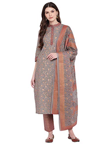 Vbuyz Women's Foil Print & Hand Work Straight Cotton Grey Kurta &...