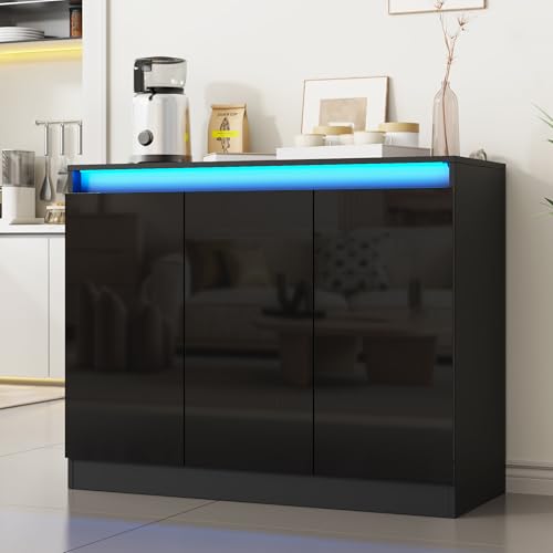 Furnify High Gloss Buffet Cabinet with LED Lights, Modern Sideboard Coffee Bar with 3 Doors & Charging Station, Handless Modern Sideboard Storage Cabinet for Living Room, Entryway, Black