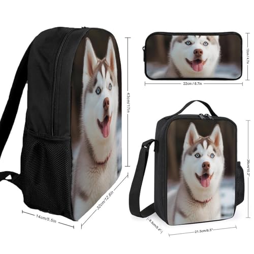 3 Piece Backpack for Women Men Lightweight Causal Daypack Shoulder Bag Set with Insulated Lunch Bag And Pencil Case Organizers Husky Piquant Dog2
