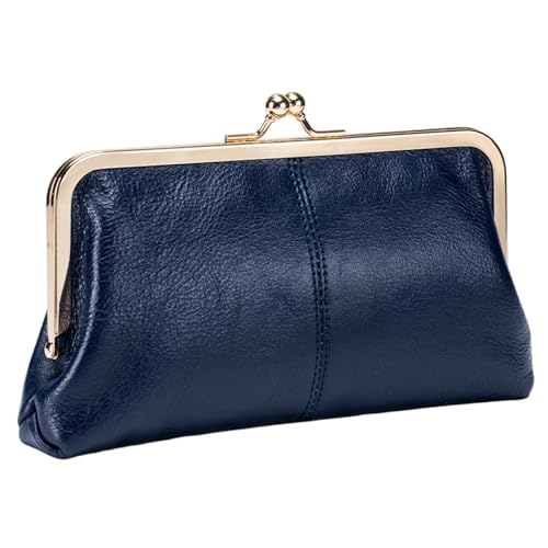 1PC Kiss Lock Wallet for Women, Leather Vintage Wallet with Zipper Coin Pocket, Multi-card Slots Card Holder, Dark Blue.4