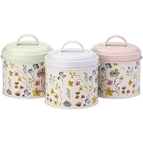 English Tableware Company Pressed Flowers Set of 3 Storage Tin Set | Farmhouse Tea Coffee Sugar Canister Set Cover
