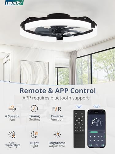 Image of LEDIARY 2 Pack 20 inch Ceiling Fans with Lights and Remote, Low Profile Ceiling Fan, 3 CCT, Stepless Dimmable, Fandelier Flush Mount Fan Light, 6 Speeds, DC Motor, App & Remote Control for Bedroom(Black)