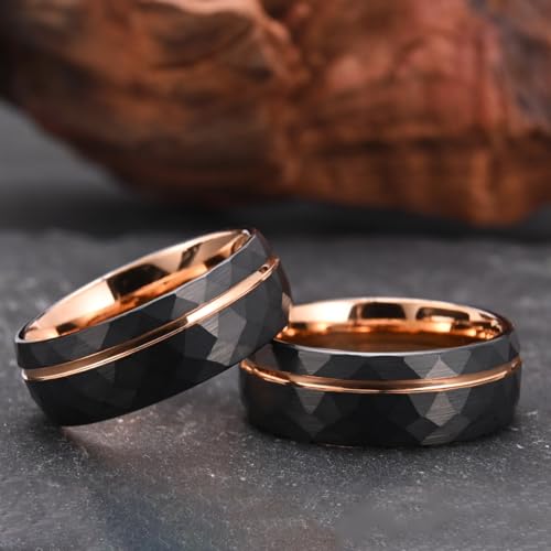 Tungsten Carbide Rings for Men Women 8mm Black Hammered Men's Engagement Wedding Bands Rose Gold Groove Matte Brushed Comfort Fit3