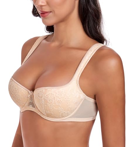 DotVol Women's Lightly Padded Floral Lace Demi Wide Straps Underwire Balconette Bra4