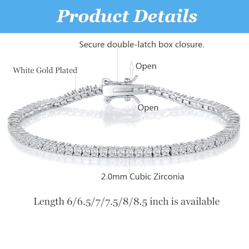 Gemsme 2.0MM Tennis Bracelet for Women and Men，18K White/Yellow Gold Plated Round 2mm Cubic Zirconia Classic Tennis Bracelet3