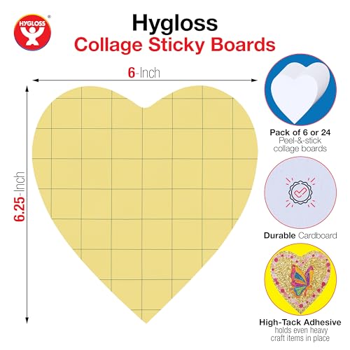 Image of Hygloss Sticky Heart Craft Boards - 6 Pack 6-Inch Self Stick Collage Boards for Kids - Peel & Stick Mounting Boards for Art Projects, School Crafts, Classrooms, and DIY Displays
