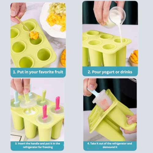 Image of Silicone Popsicle Kulfi Mold Set (6 Cavities) with Reusable Sticks | BPA Free | Ice Cream /Kulfi /Ice Candy Maker | Food Grade | Easy Release | Dishwasher Safe (Green)