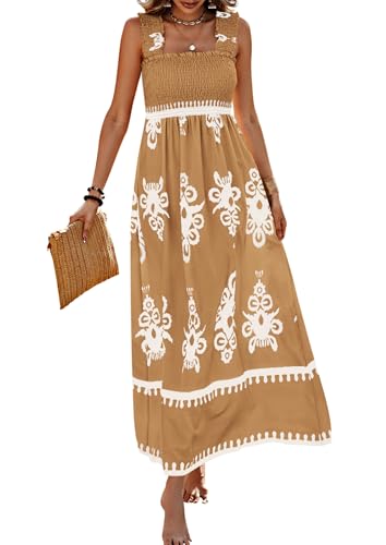 Image of PRETTYGARDEN Women's Sleveless Boho Maxi Dress | Boho Floral,Square Neck,Wide Ruffle Straps,with Pockets,Smocked A Line Dresses,Flowy Sundress for Summer Beach,Travel,Party