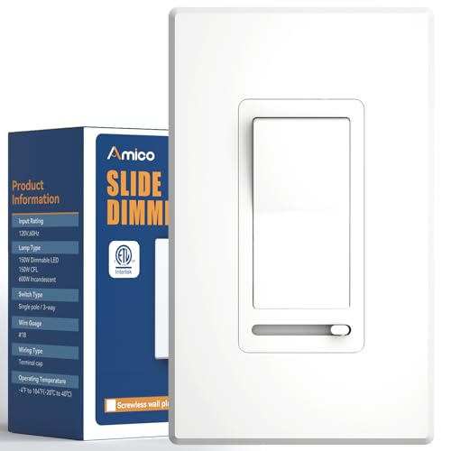 Amico Dimmer Light Switch, Single-Pole or 3-Way Slide Dimmer Switches for Led Lights, Suitable for...