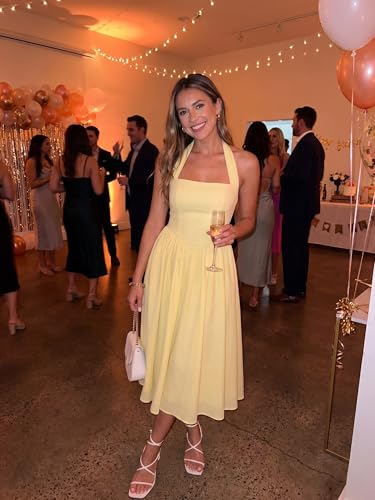 Image of Parthea Women's Floral Halter Corset Midi Dress 2026 Elegant Smocked Flowy Wedding Guest Dresses with Pockets