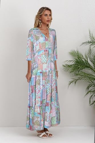 Image of Women Short Sleeve V Neck Floral Print Casual Bohemian Maxi Dresses
