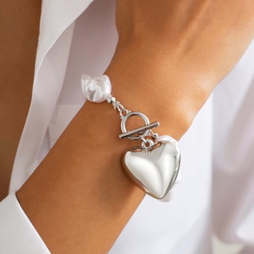 Chunky Gold Heart Bracelets for Women Large Pearl Heart Chain Bracelet Geometric Baroque Pearl Love Toggle Clasp Bracelet Trendy Birthday Jewelry Gift2