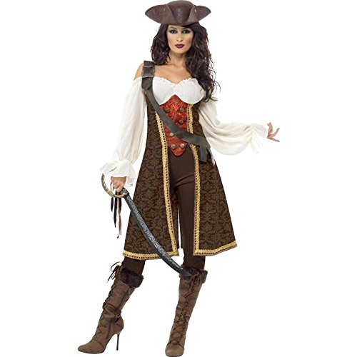 Smiffys Costume jeune fille pirate de haute mer, avec robe, pantalon et baudrier - Marron / Blanc / Rouge - L