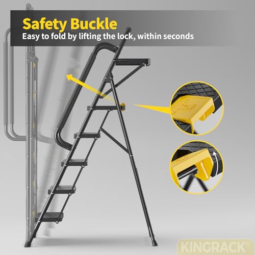 KINGRACK 5 Step Ladder, Sturdy Steel Step Stool with Anti-Slip Wide Pedals, Handrail, Safe-Lock Design, 800lbs Folding Portable Ladder for Multi-Purpose, Home, Kitchen by KINGRACK - Image 3
