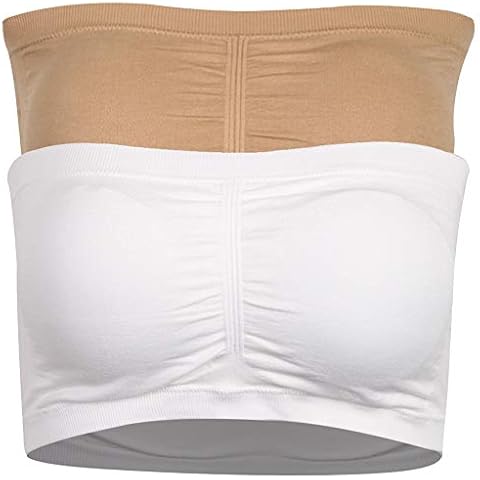 BINACL Women's Bandeau Bralette, Summer Strapless Removable Padded Seamless Basic Layer Tube Top Bra, 2 Packs Beige White XX-Large Cover